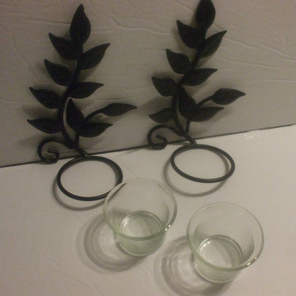 2 Iron Leaf Sconces With Glass Cups 8 Inches Tall - Picture 4 of 6